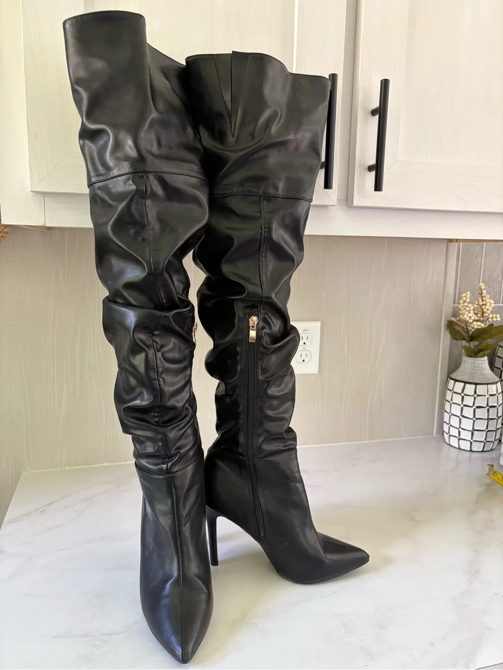 Women’s Black Leather like, Over-the-Knee Pointed-Toe Stiletto Boots SZ-8